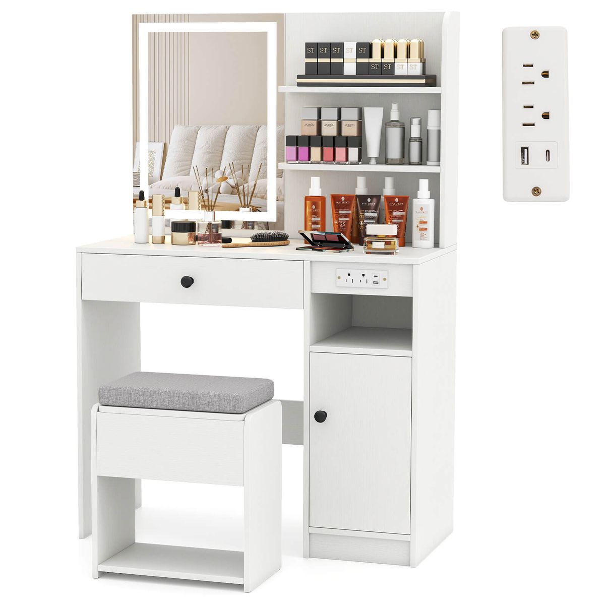 Costway Vanity Desk Set with Mirror & Lights Power Outlet Cushioned Stool - White