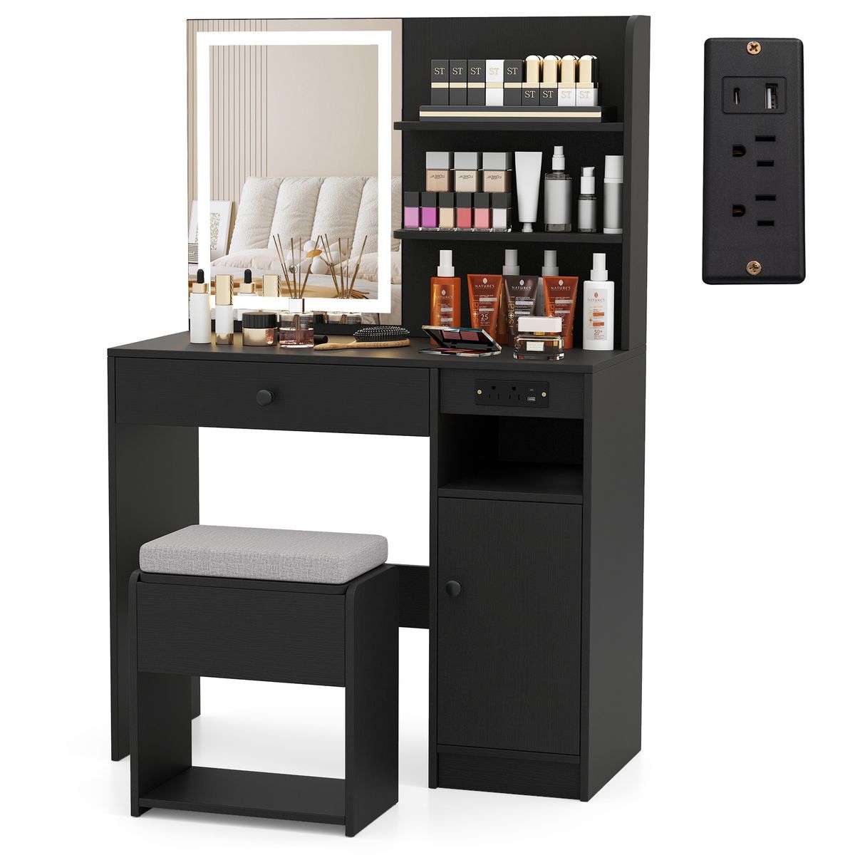 Vanity Mirror Desk Set with Built-in Charging Station - Black