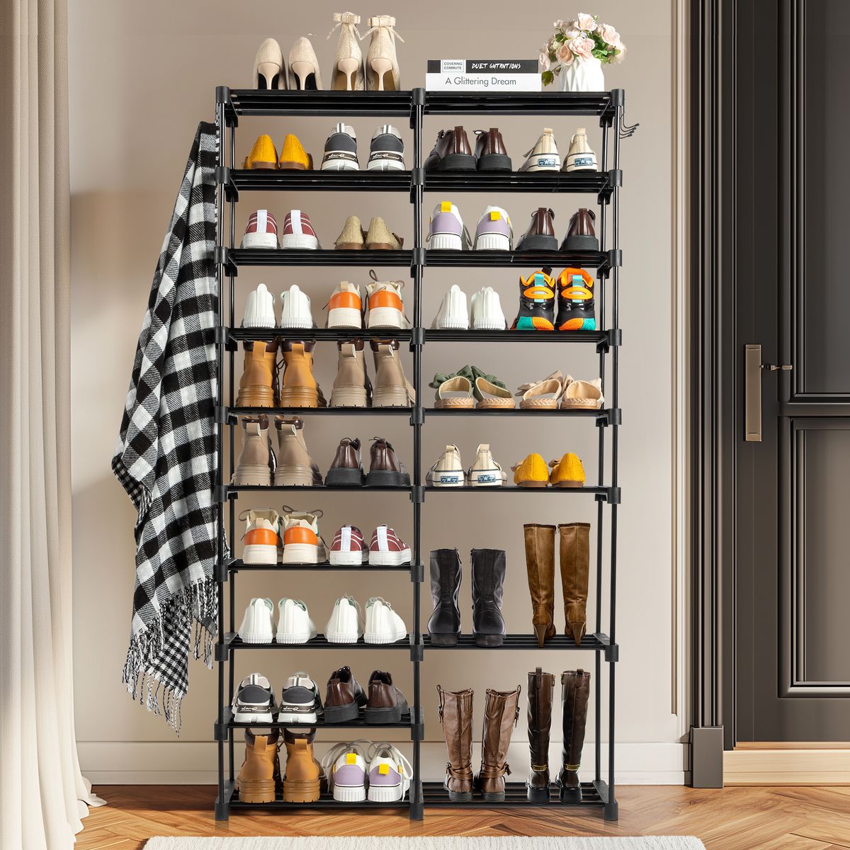 Double Row 10-Tier Non-Woven Shoe Rack - Black