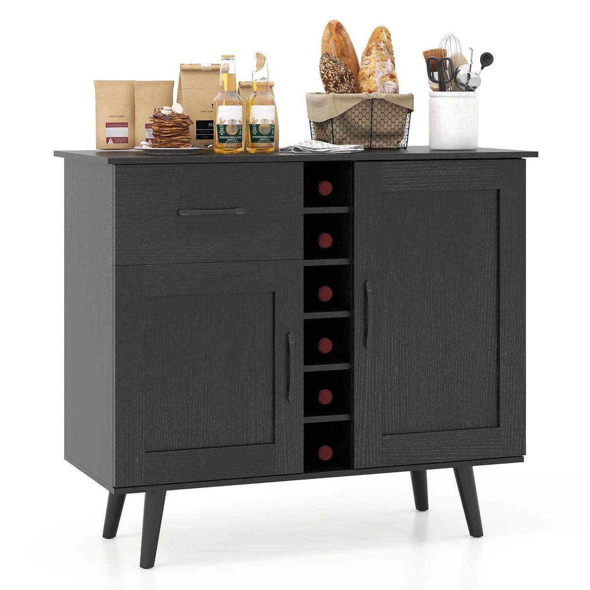 2-Door Wine Bar Cabinet with Drawer - Black