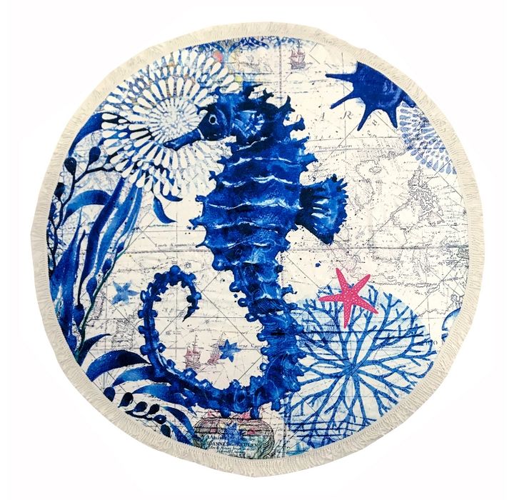 Round 61"" Diameter Fringed Beach Towels - Seahorse