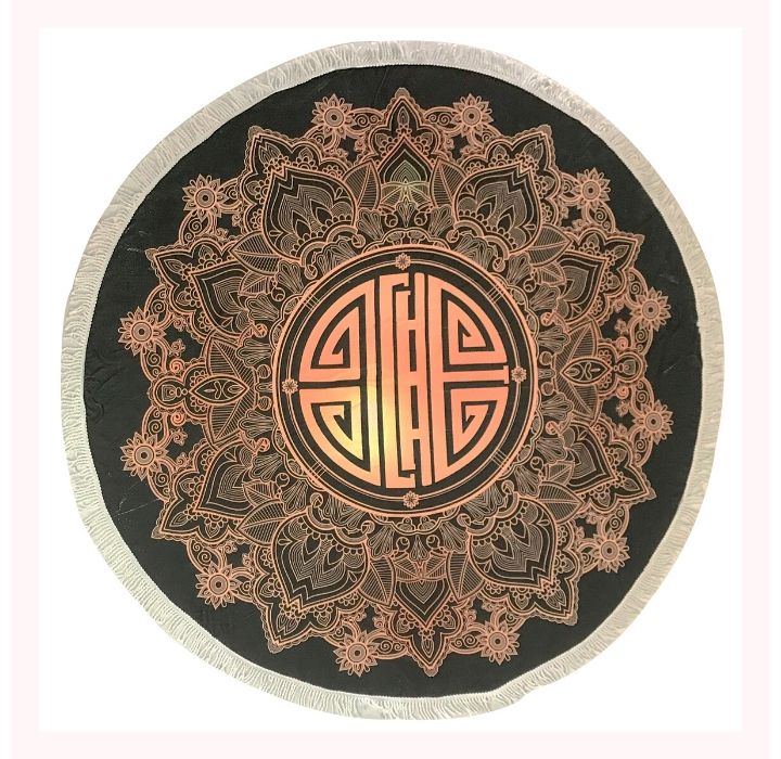 Round 61"" Diameter Fringed Beach Towels - Black & Gold Medallion