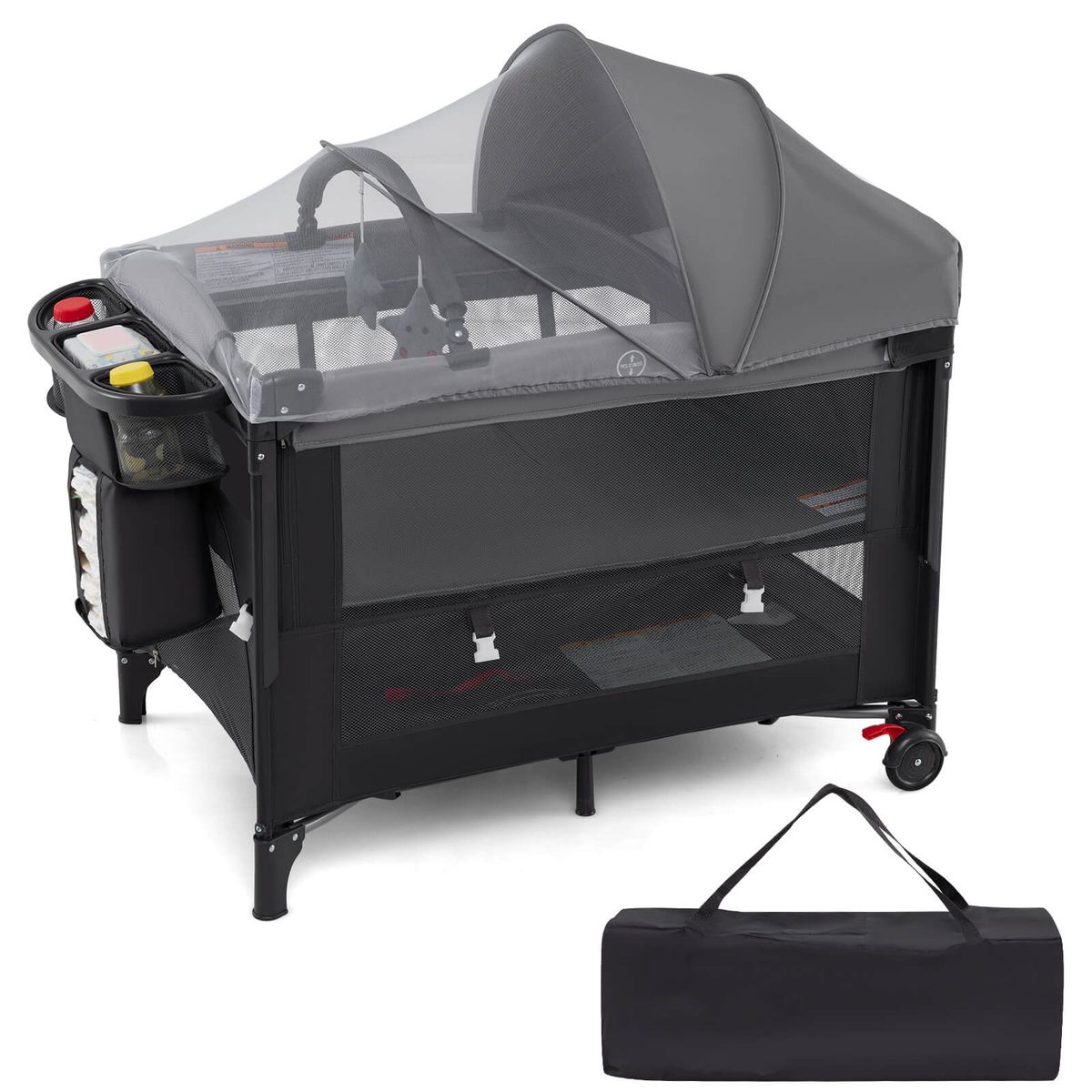 Portable Crib with 4-Side Visible Mesh and Changing Table - Gray
