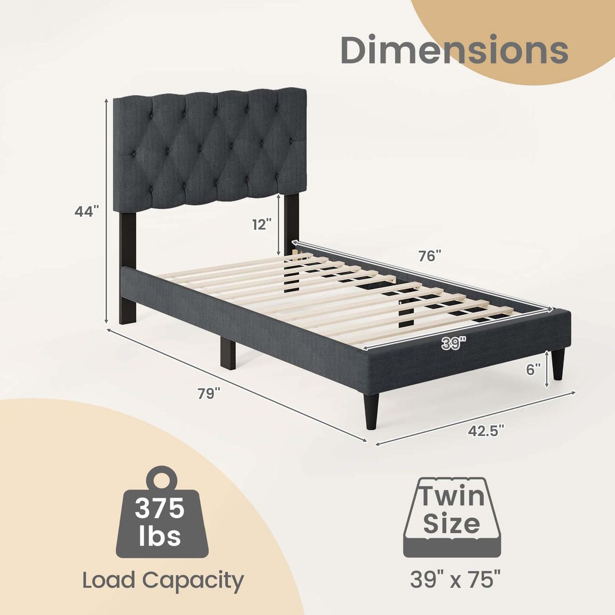 Bed Frame with Button-Tufted Headboard  - Twin