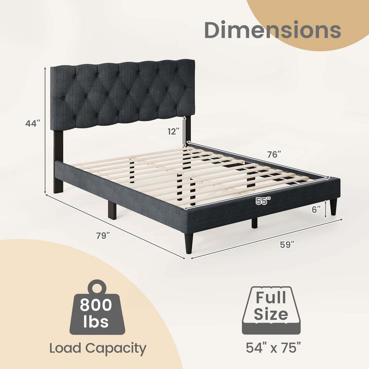 Bed Frame with Button-Tufted Headboard  - Full
