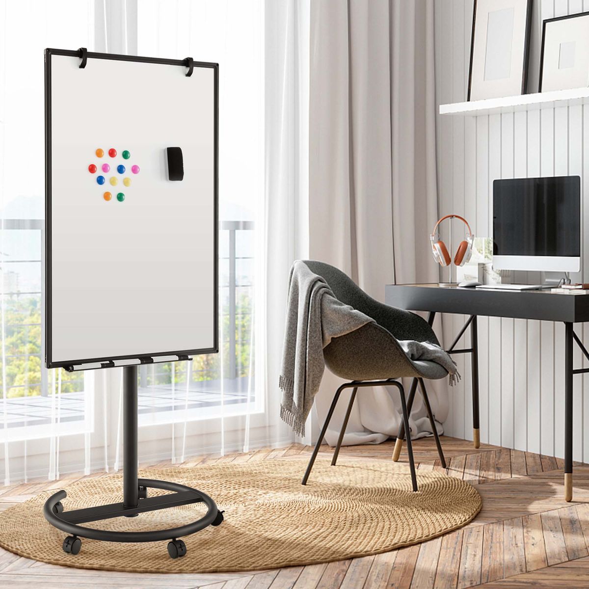 Height-Adjustable Mobile Whiteboard with Round Stand - Whiteboard BK
