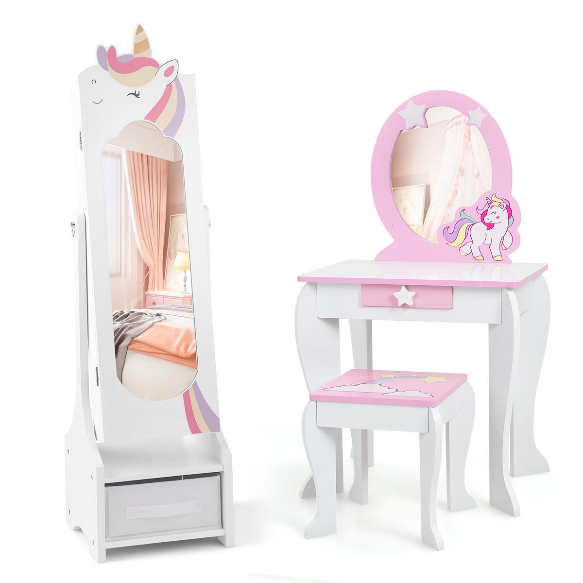 Unicorn Dressing Table and Chair Set with Jewelry Cabinet - White
