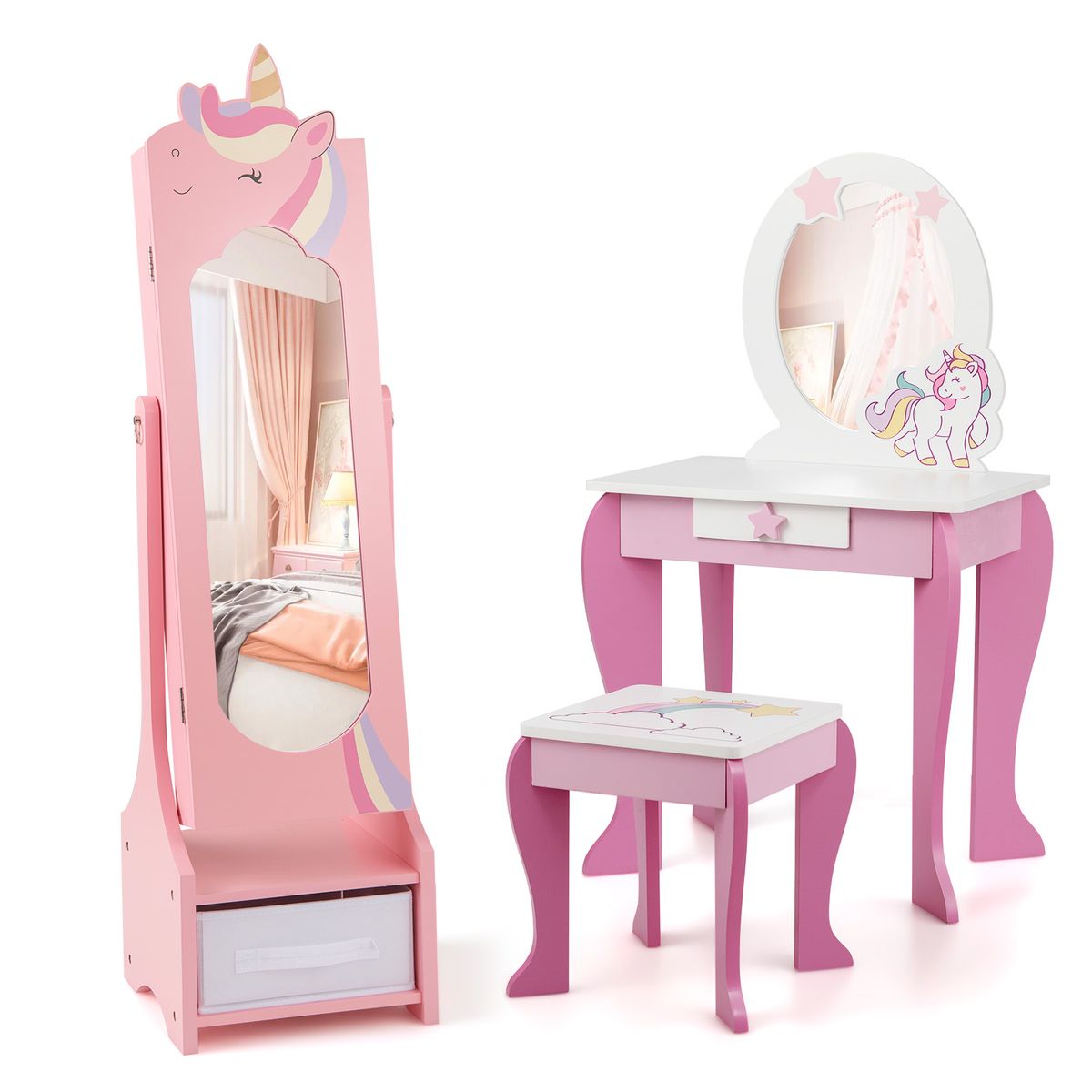 Unicorn Dressing Table and Chair Set with Jewelry Cabinet - Pink