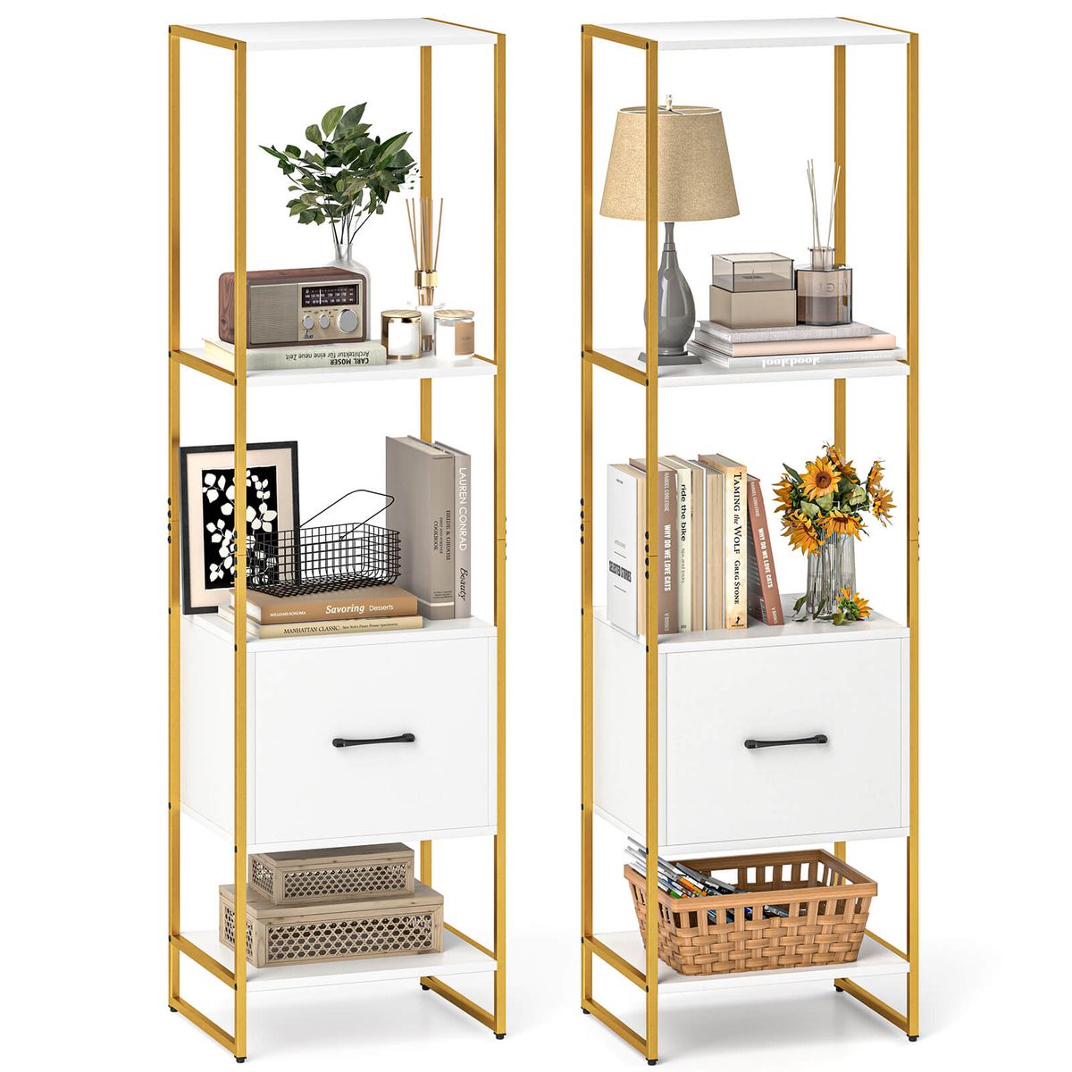 5-Tier Bookshelf with Open Shelves and Drawers - White, 2-Pack