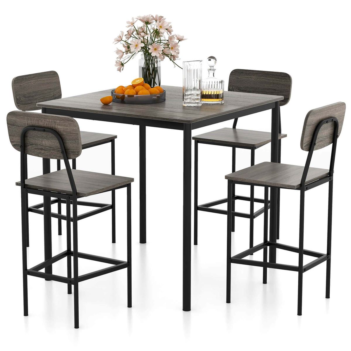 5-Piece Industrial Dining Table Set with Counter Height Table & 4 Bar Stools - Grey