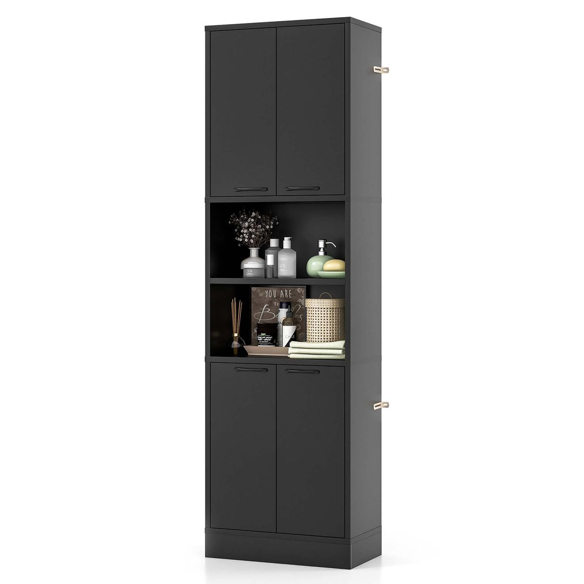 Costway 75" Tall Bathroom Storage Cabinet with 4 Doors & 2 Open Compartments Freestanding - Black