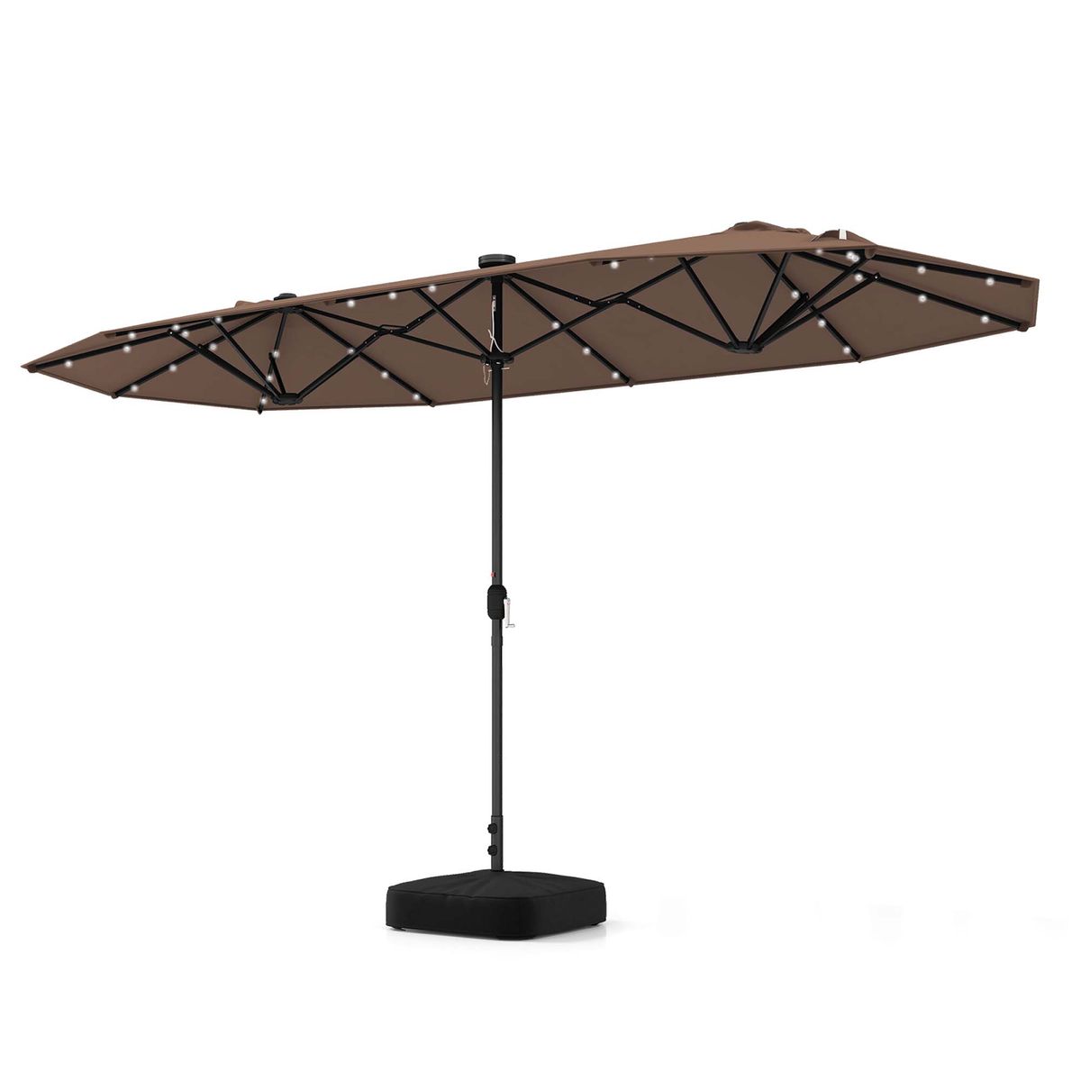 13FT Double-sided Patio Umbrella with Solar Lights Crank Handle Umbrella Base - Brown