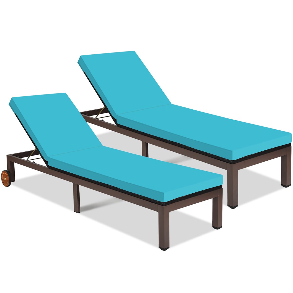 Costway 2 Piece Patio Rattan Lounge Chair Chaise Recliner Back Adjustable with Wheels Cushioned - Turquoise/aqua