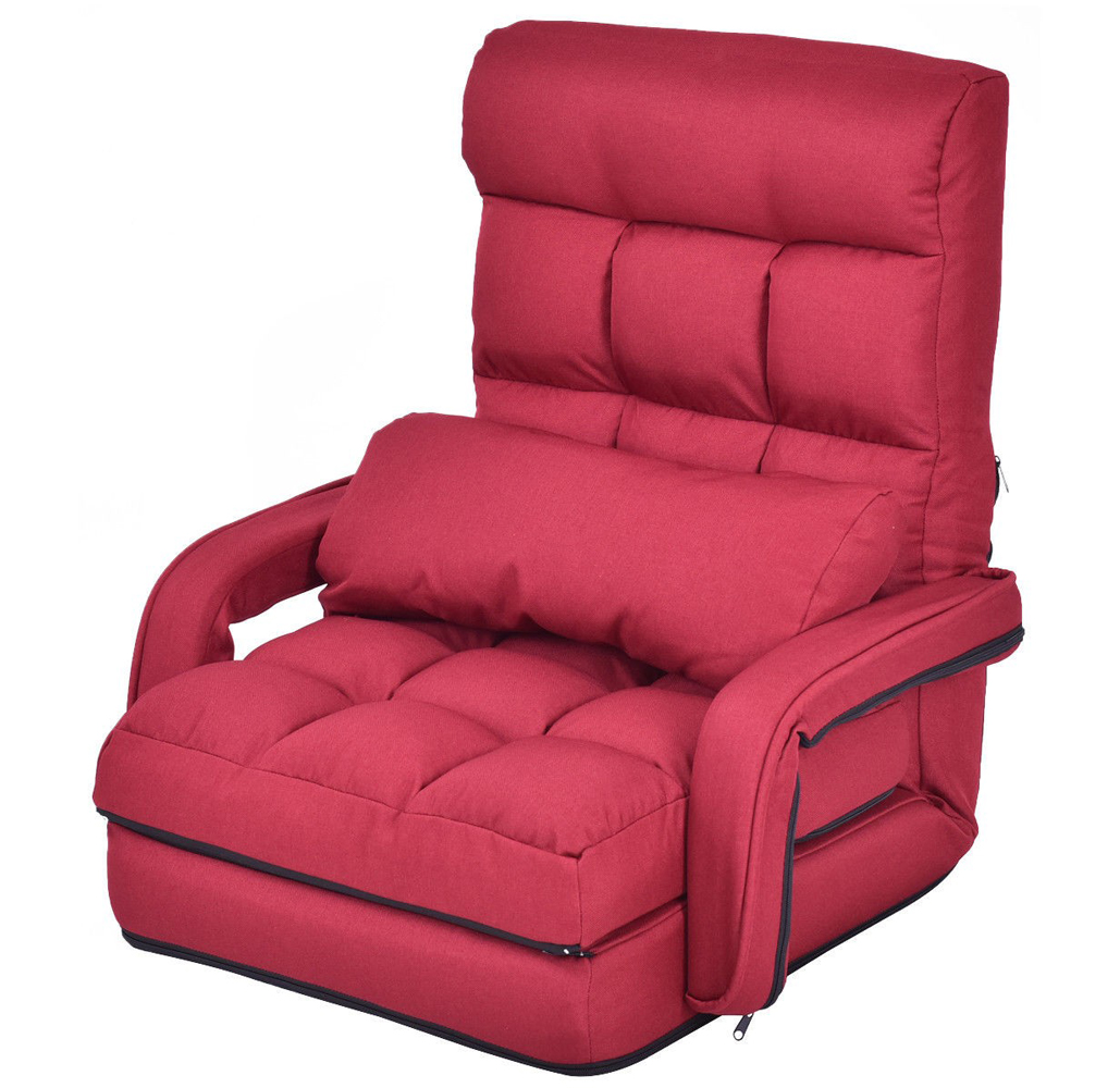 Folding Lazy Floor Chair with Armrests and Pillow - Red