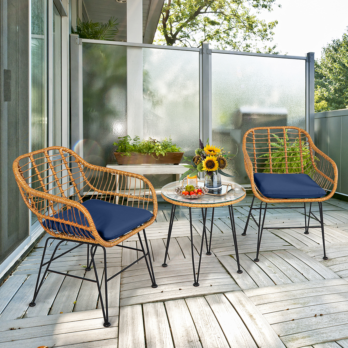 Photos - Garden Furniture Costway 3-Piece Patio Rattan Bistro Set with Cushions - Rattan Bistro Set NY OP70839NY 