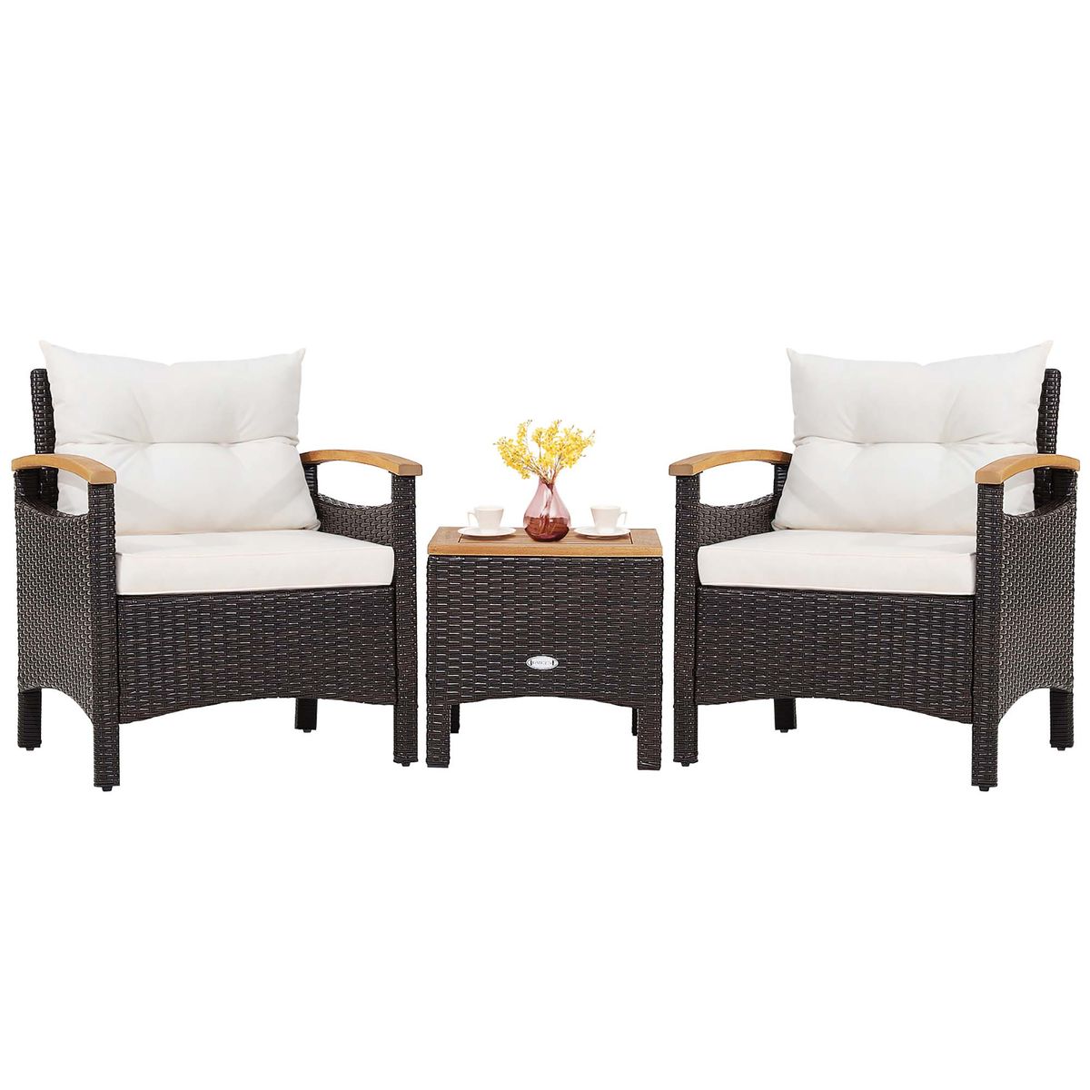 3-Piece Patio Rattan Furniture Set with Tabletop and Cushions - Mix Brown, Off White