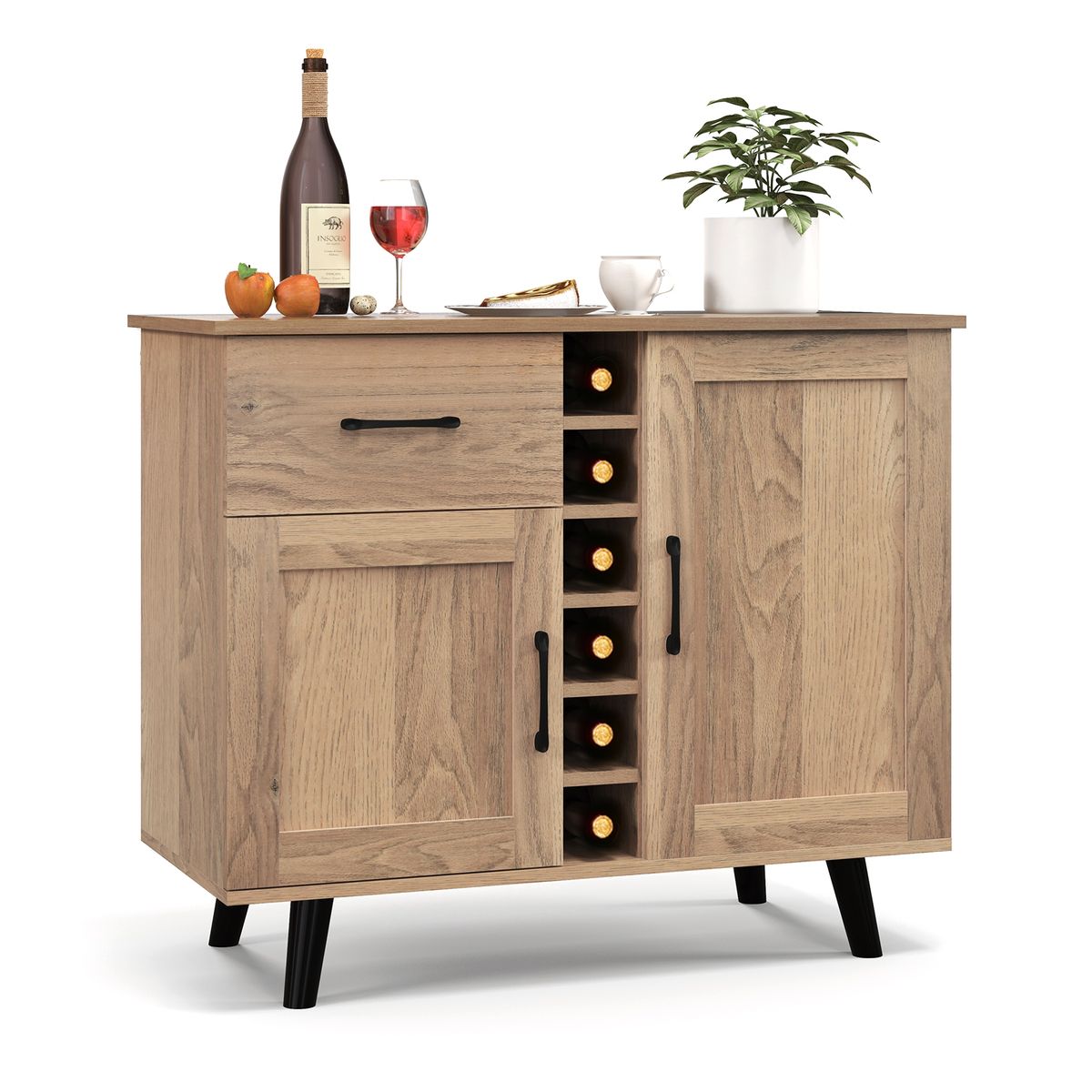 2-Door Wine Bar Cabinet with Drawer - Natural