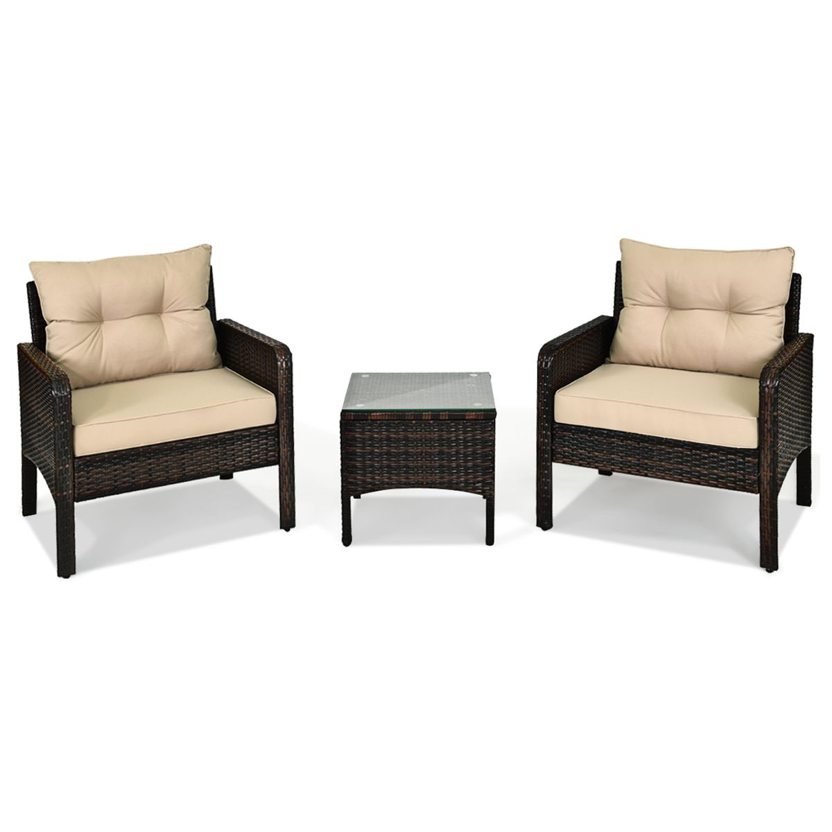 3 Pieces Outdoor Patio Rattan Conversation Set with Seat Cushions-Beige