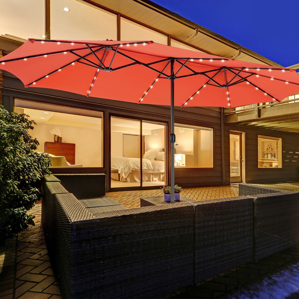 15-Foot Double-Sided Patio Umbrella with 48 Solar LED Lights - Orange