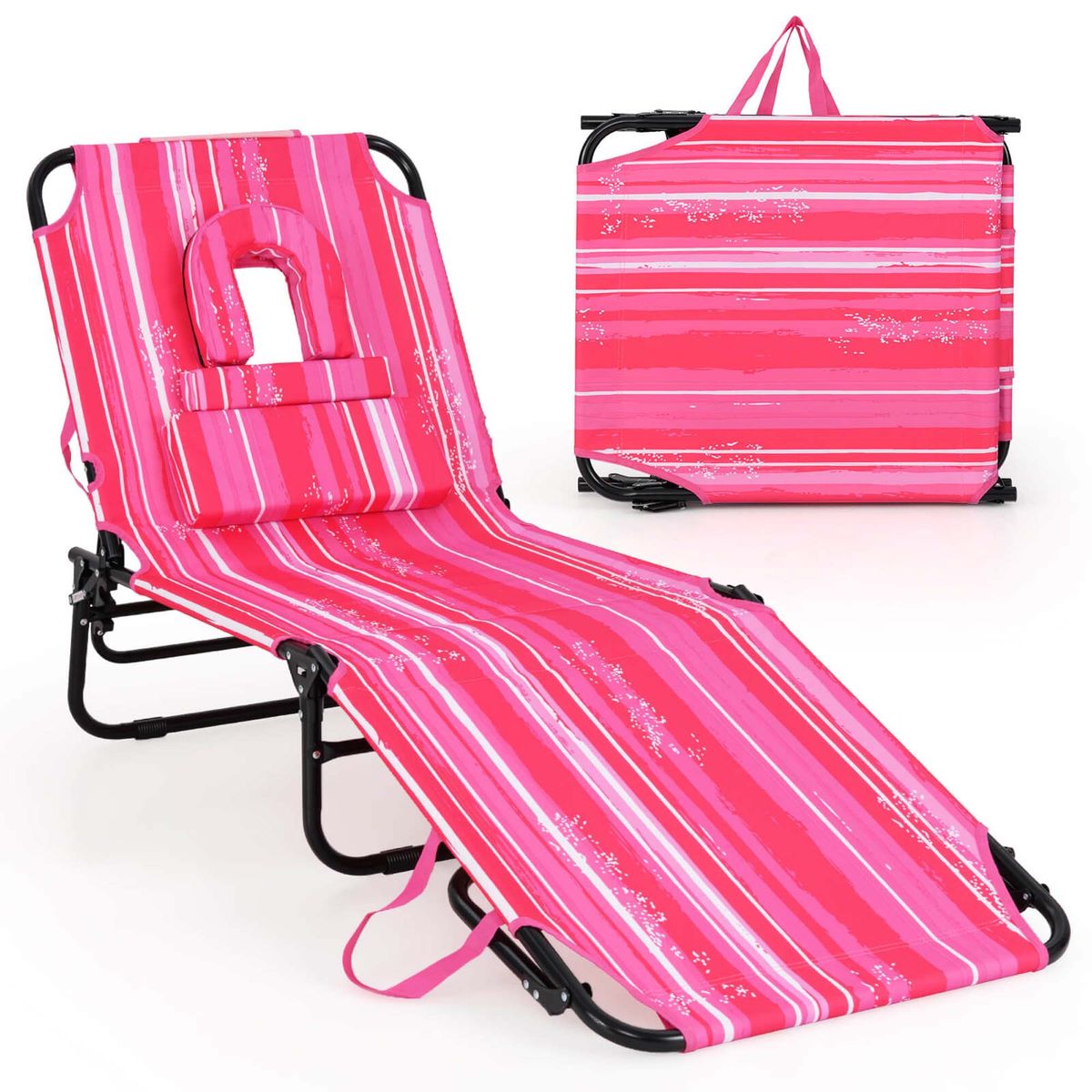 Beach Chaise Lounge with Face Hole Pillows & 5-Position Adjust - Light Pink