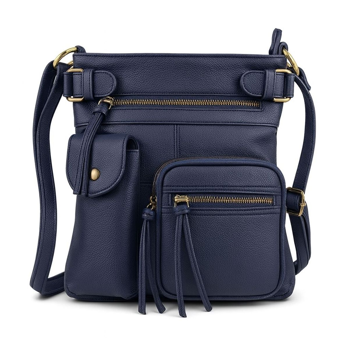 Super Soft Genuine Leather Crossbody Bag with Top Belt Accent - Navy