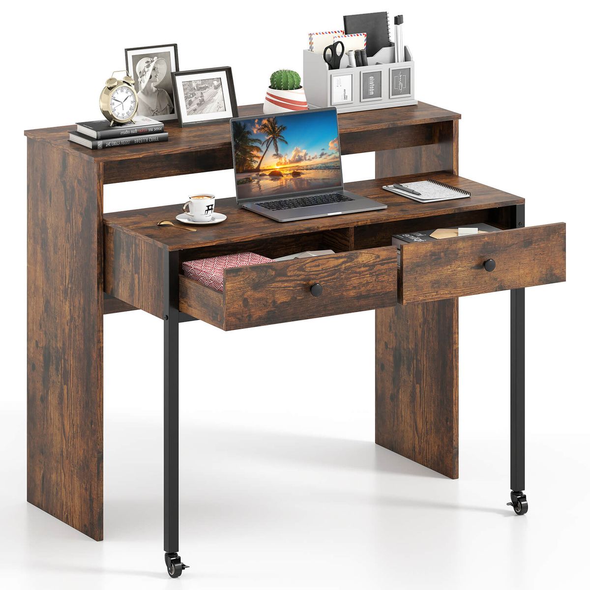 39.5" Expandable Rolling Computer Desk with Monitor Shelf - Brown-image-SKU16182514