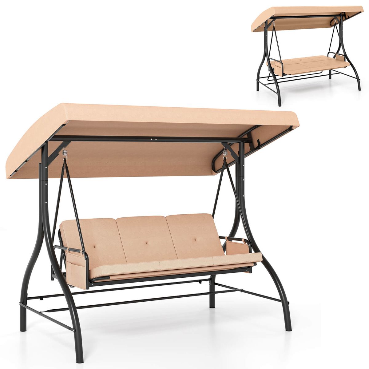 3-Seat Patio Swing with Canopy with Removable Cushions and Side Pocket - Beige
