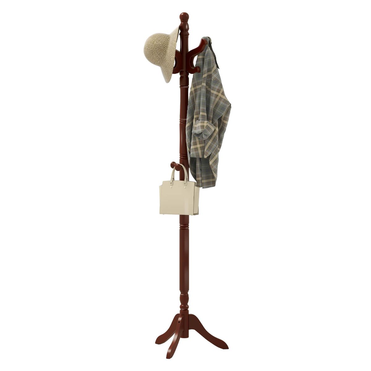 Solid Rubber Wood Coat Rack with 3 Adjustable Heights and 11 Hooks - Brown