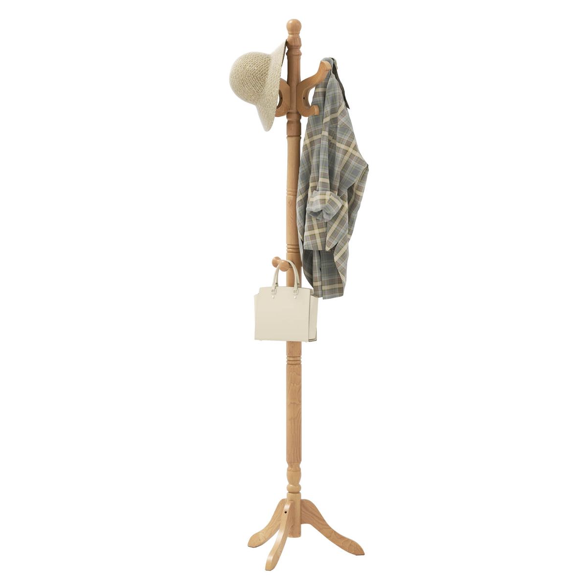 Solid Rubber Wood Coat Rack with 3 Adjustable Heights and 11 Hooks - Natural