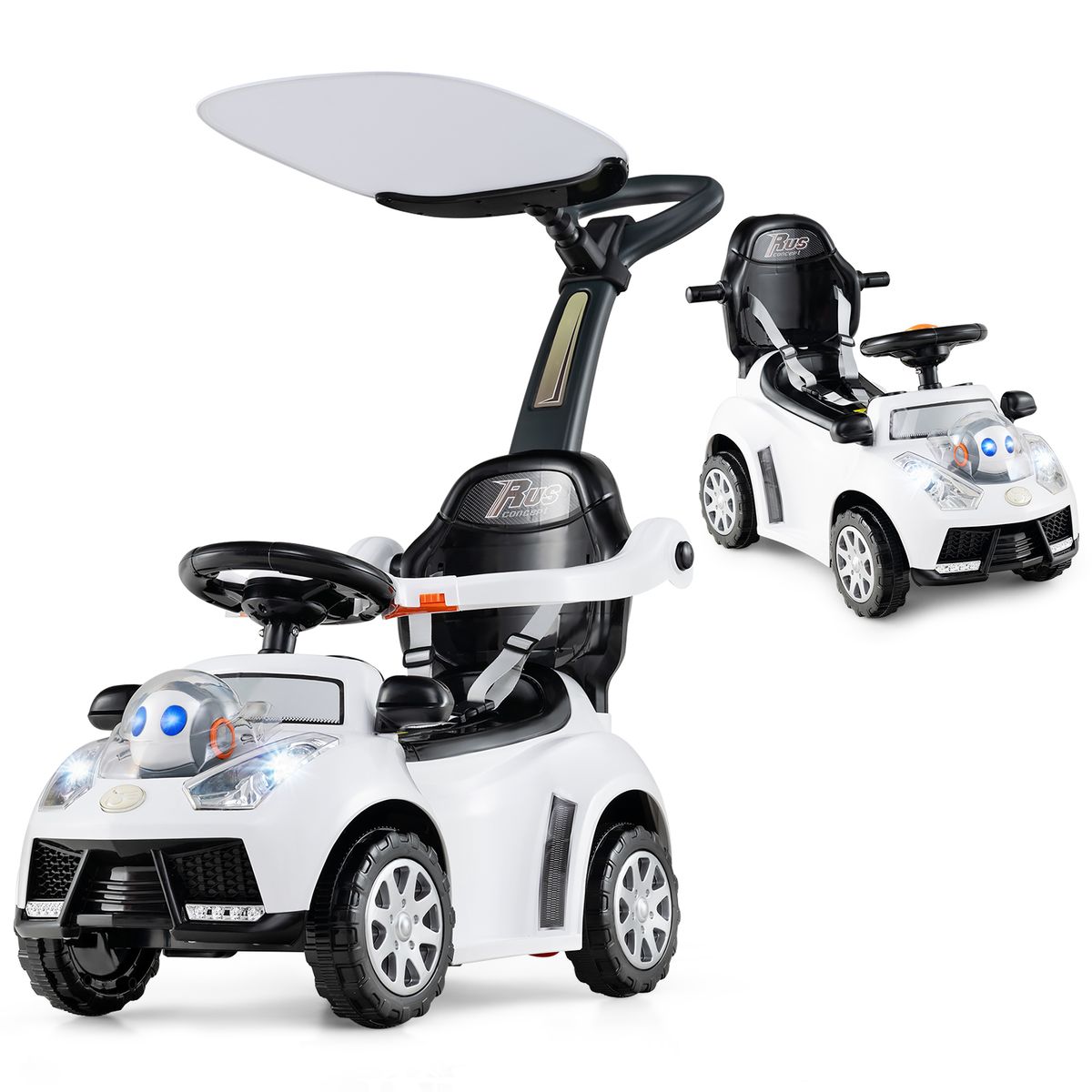 Costway 3-in-1 Sliding Walker w/ Adjustable Canopy Horn Music & Light for Boys & Girls - White