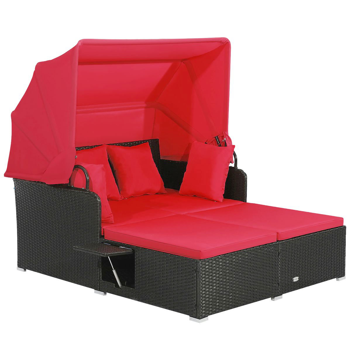 Patio Rattan Daybed Lounger with Retractable Canopy and Pop-up Side Tables - Red