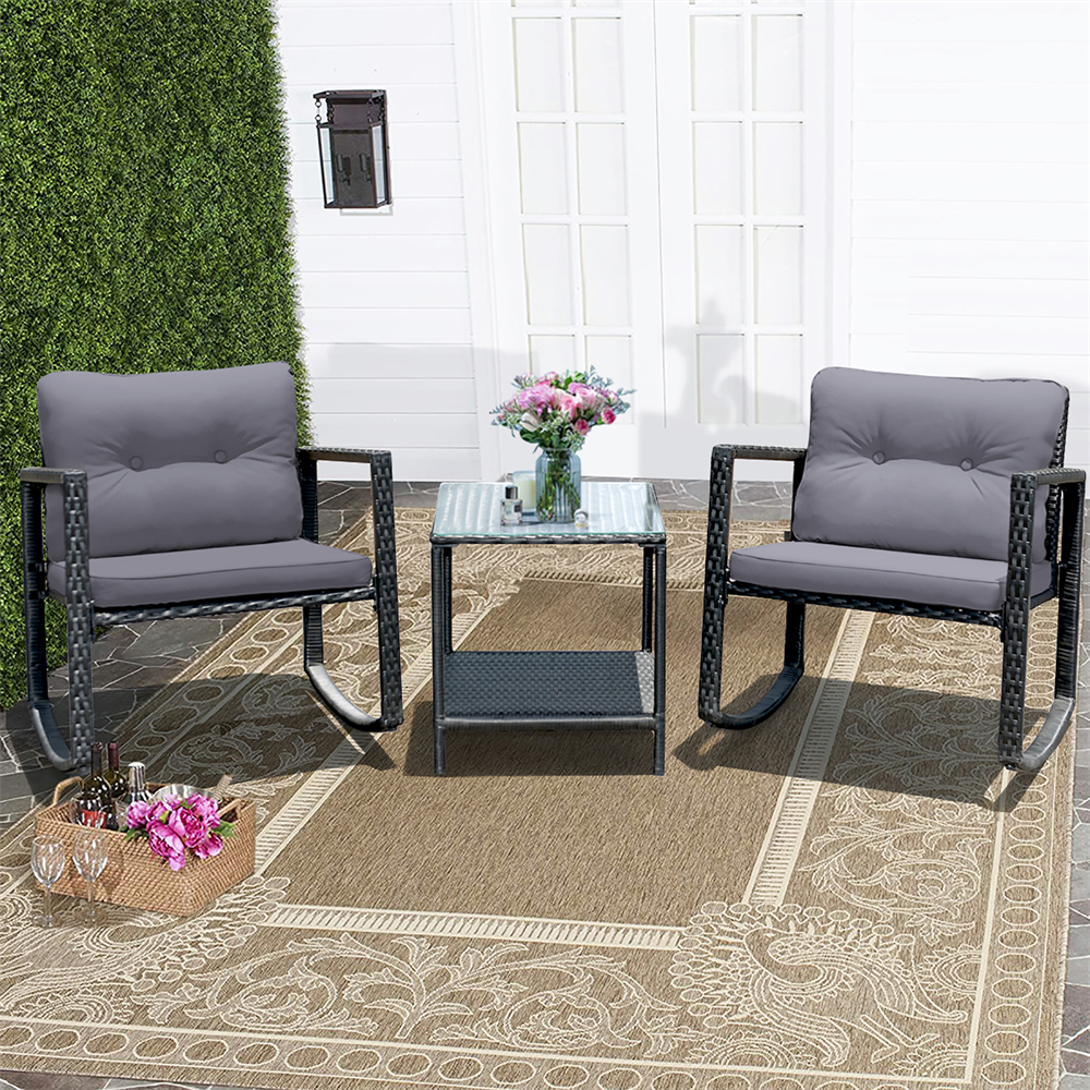 Photos - Garden Furniture Costway 3-Piece Patio Rattan Rocking Chair Furniture Set - Furniture Set GR HW62861GR