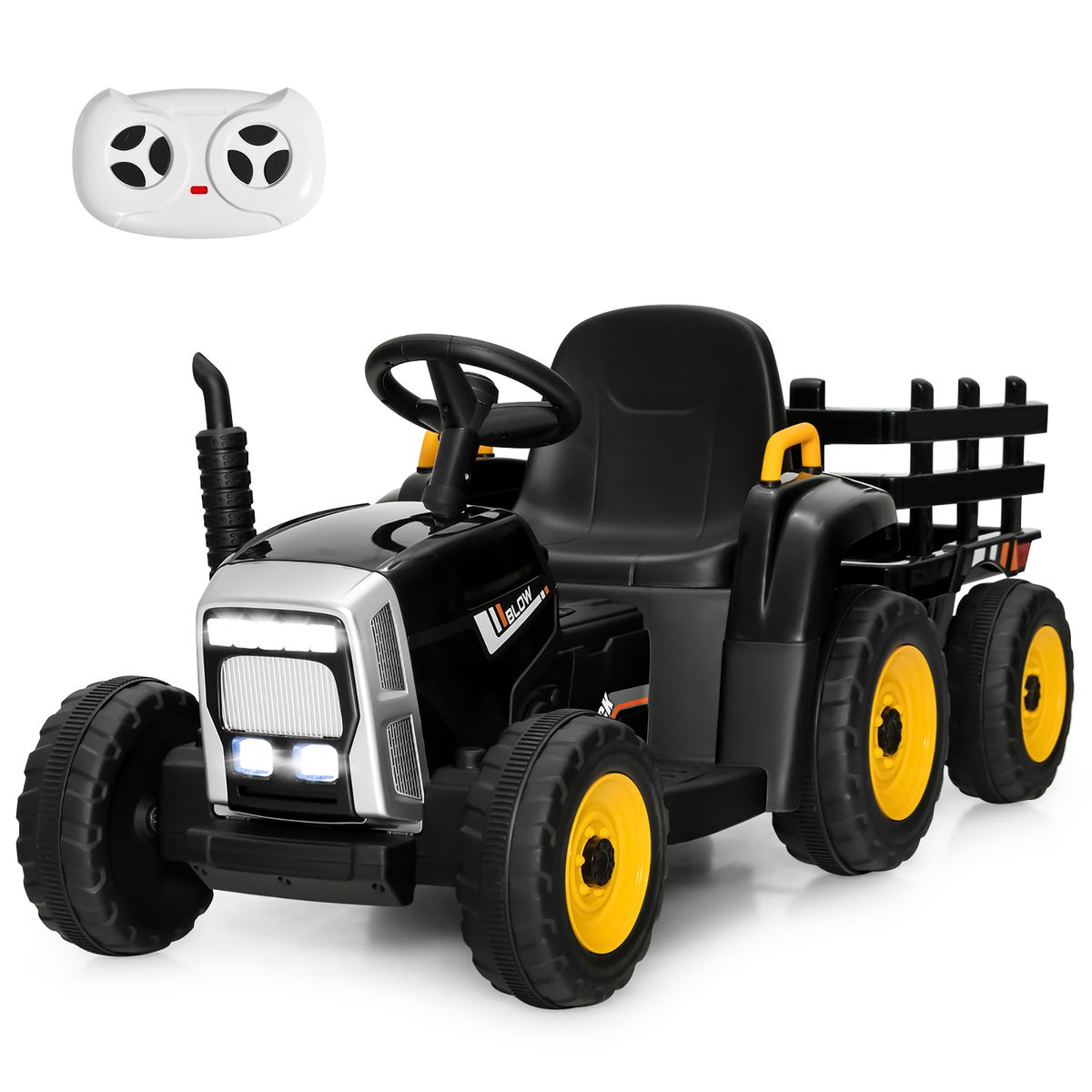Kids' 12V Ride-on Tractor with Trailer and Parent Remote Control - Black