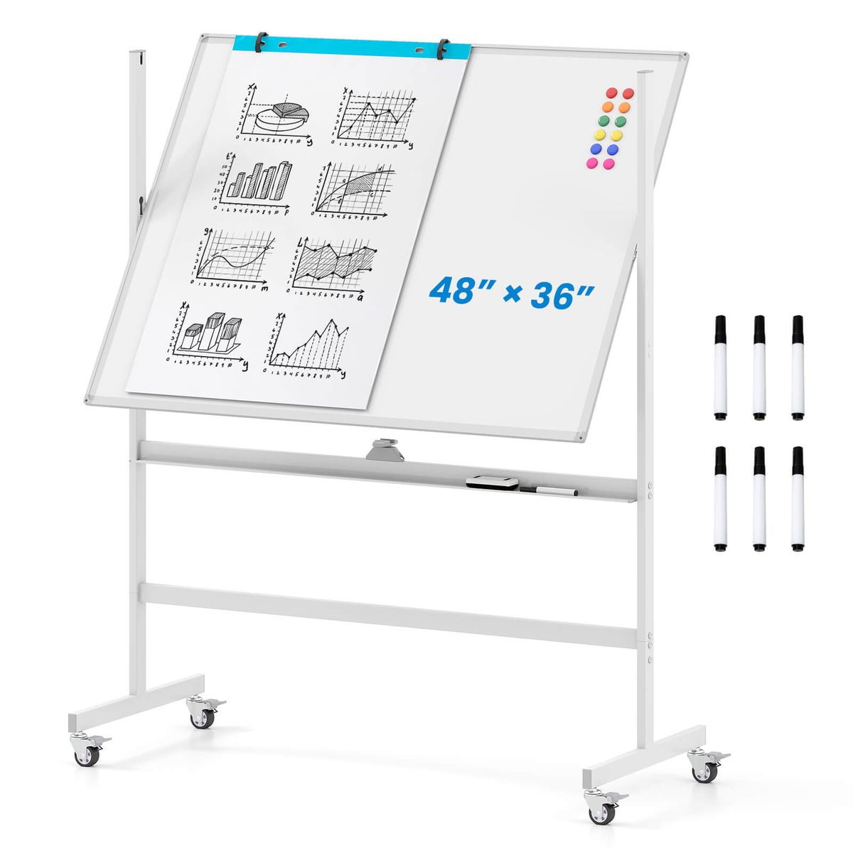 48"x36" Mobile Magnetic Double-Sided Reversible Whiteboard Height Adjust - White