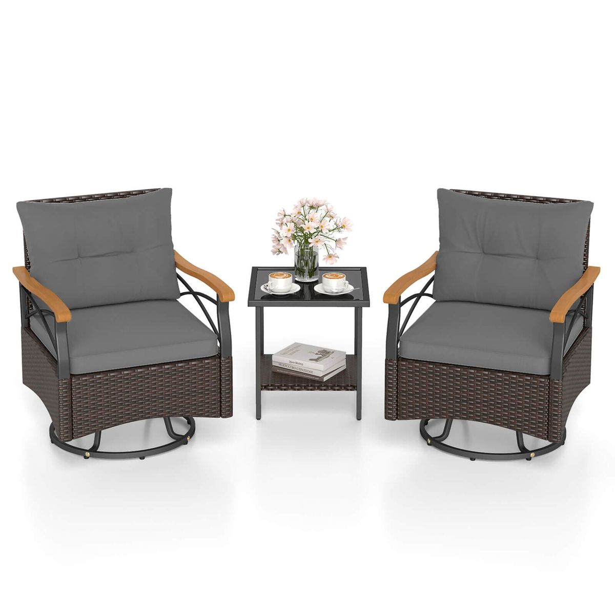3-Piece Outdoor Swivel Chair Set with 2-Tier Tempered Glass Side Table - Gray