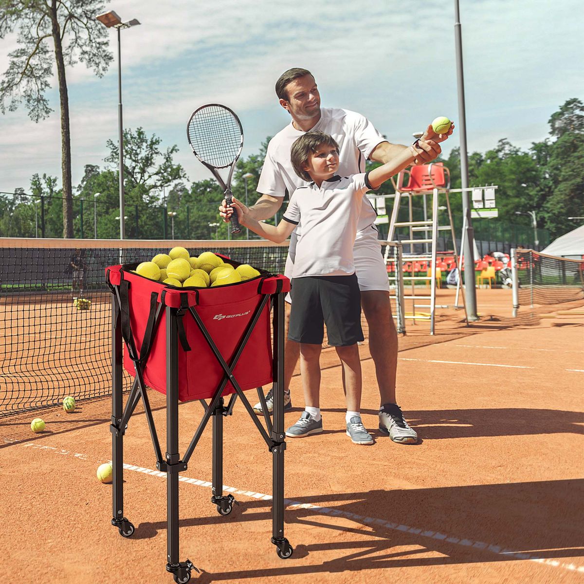 Foldable Tennis Ball Hopper Basket Portable Travel Teaching Cart with Wheels & Bag - Red