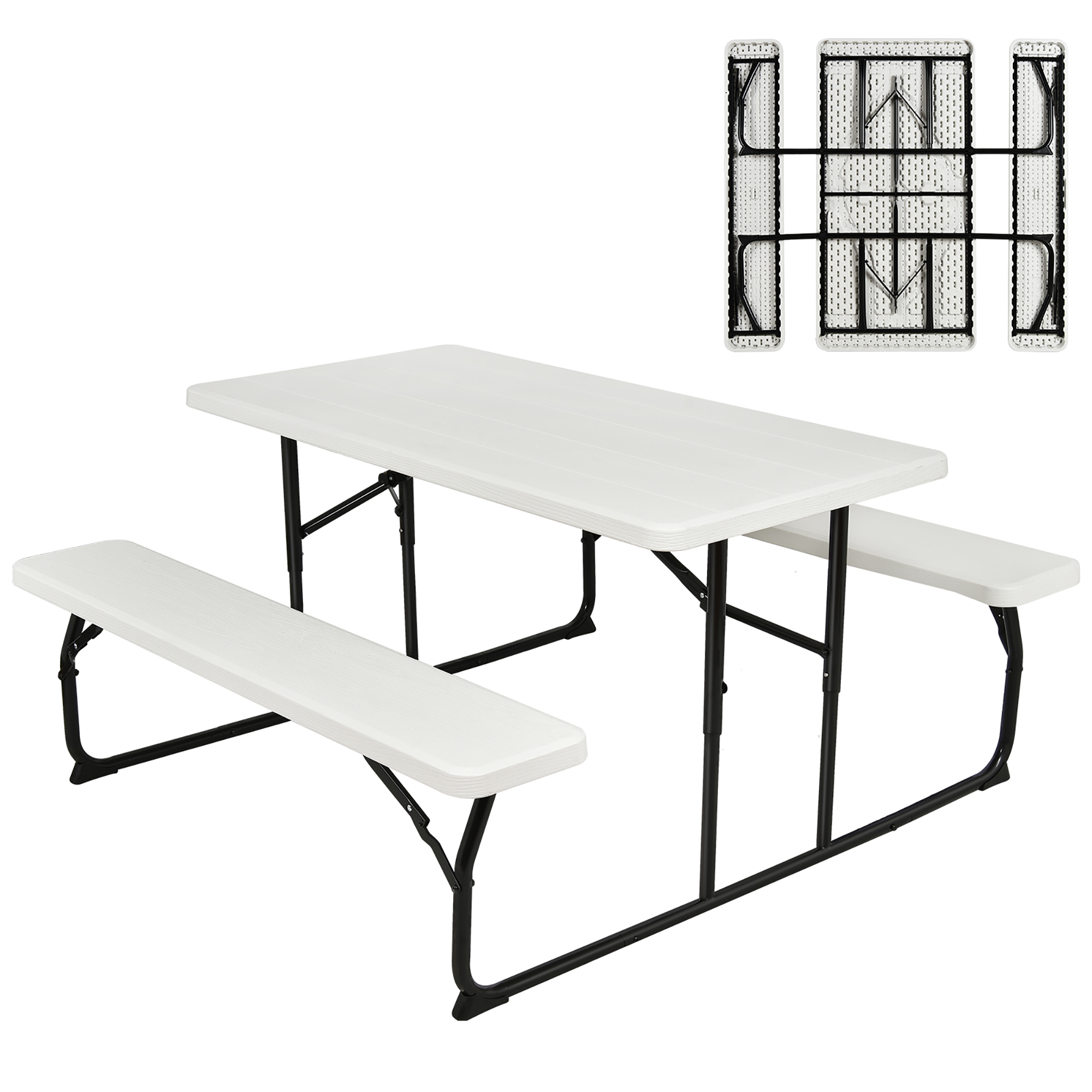 Folding Picnic Table Bench Set with Wood-Like Texture - Picnic Table Bench Set White