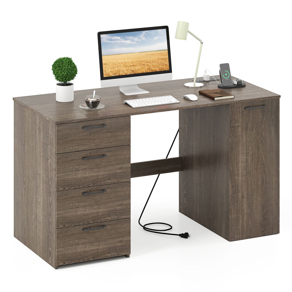 53"" Computer Desk with Built-In Power Outlets  - Gray