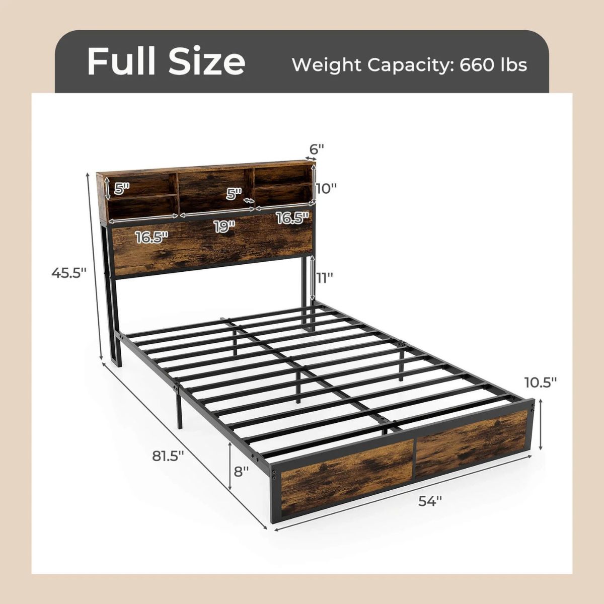 Bed Frame with Charging Station Headboad Shelves - Full