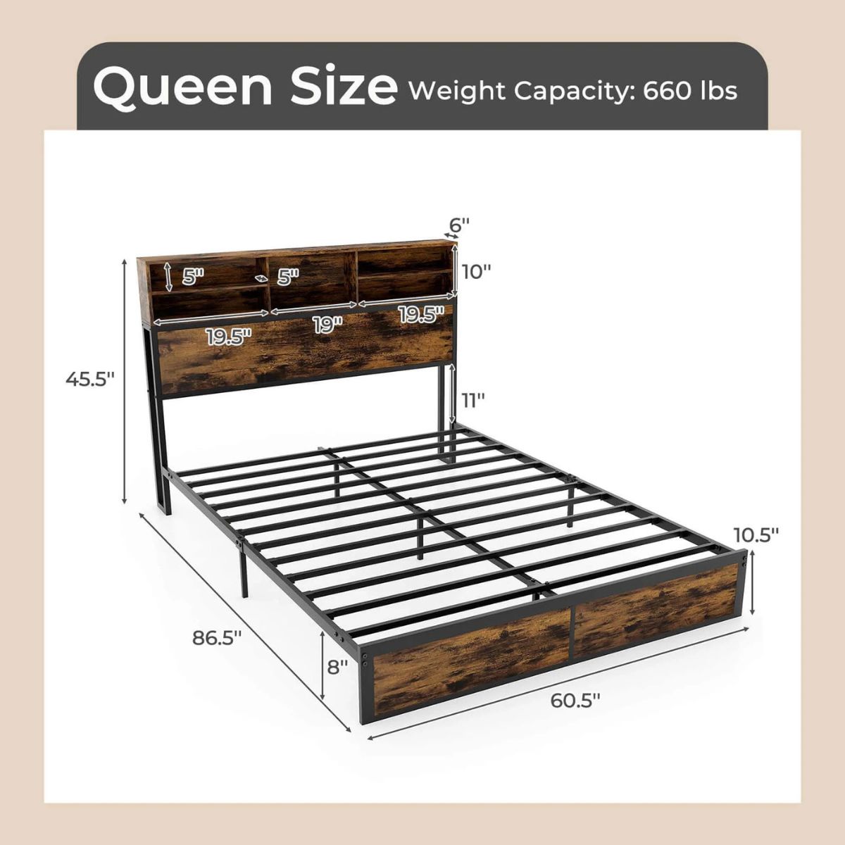 Bed Frame with Charging Station Headboad Shelves - Queen