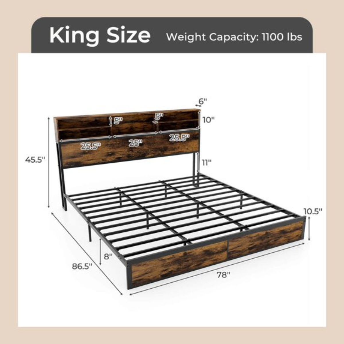 Bed Frame with Charging Station Headboad Shelves - King