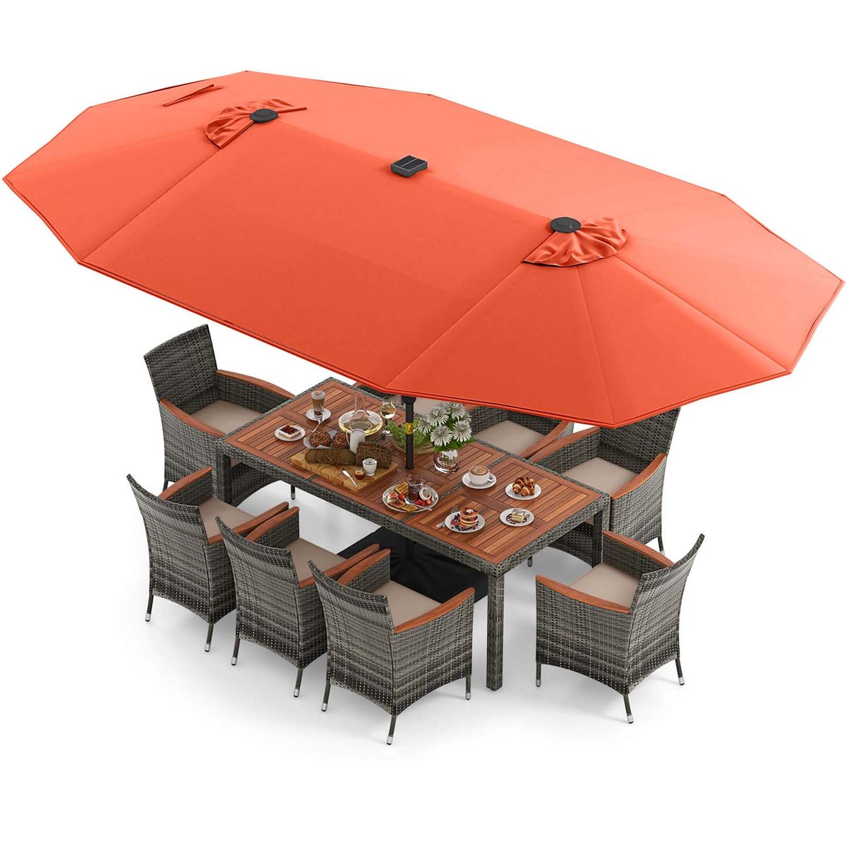 11-Piece LED Lighted Patio Dining Set with Umbrella - 11 PCS Patio Dining Set-Orange-image-SKU12555951