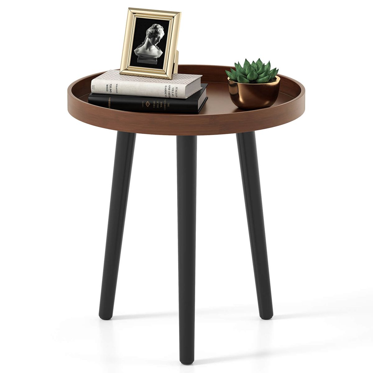 Round Side Table with Solid Legs and Thickened Tray - 1-Piece