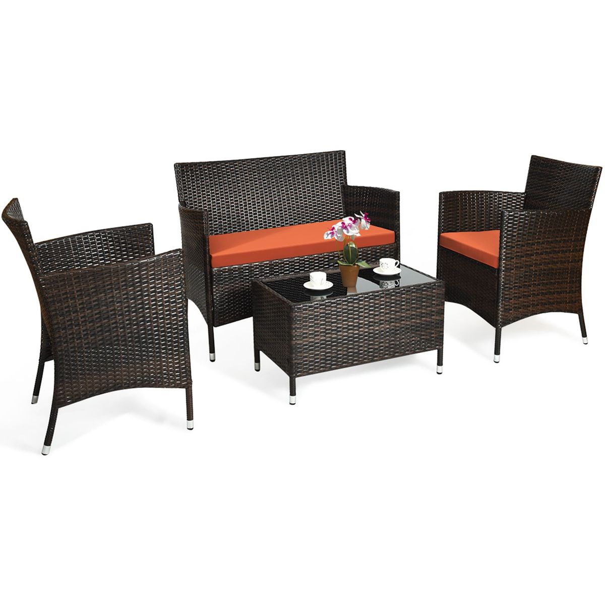 Photos - Garden Furniture Costway Rattan Outdoor 4-Piece Patio Furniture Set - 4PCS Sofa Set Orange HW67772OR 