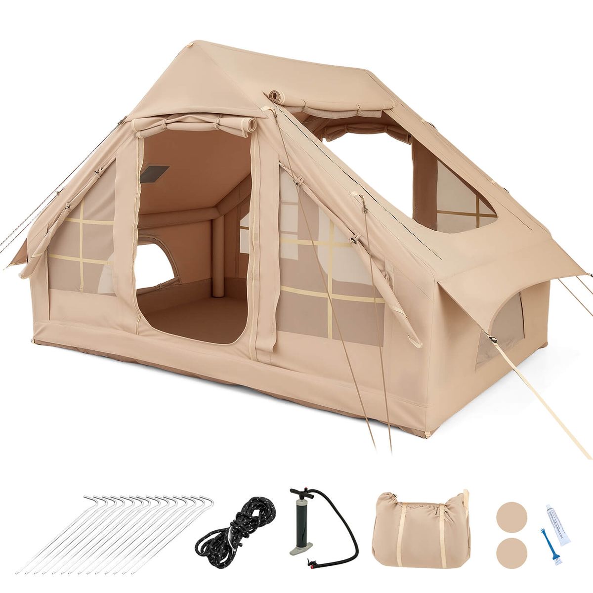 Costway 4-6 People Inflatable Tent with 4 Mesh Screen Windows 2 Doors Skylight Carrying Bag - Beige/khaki