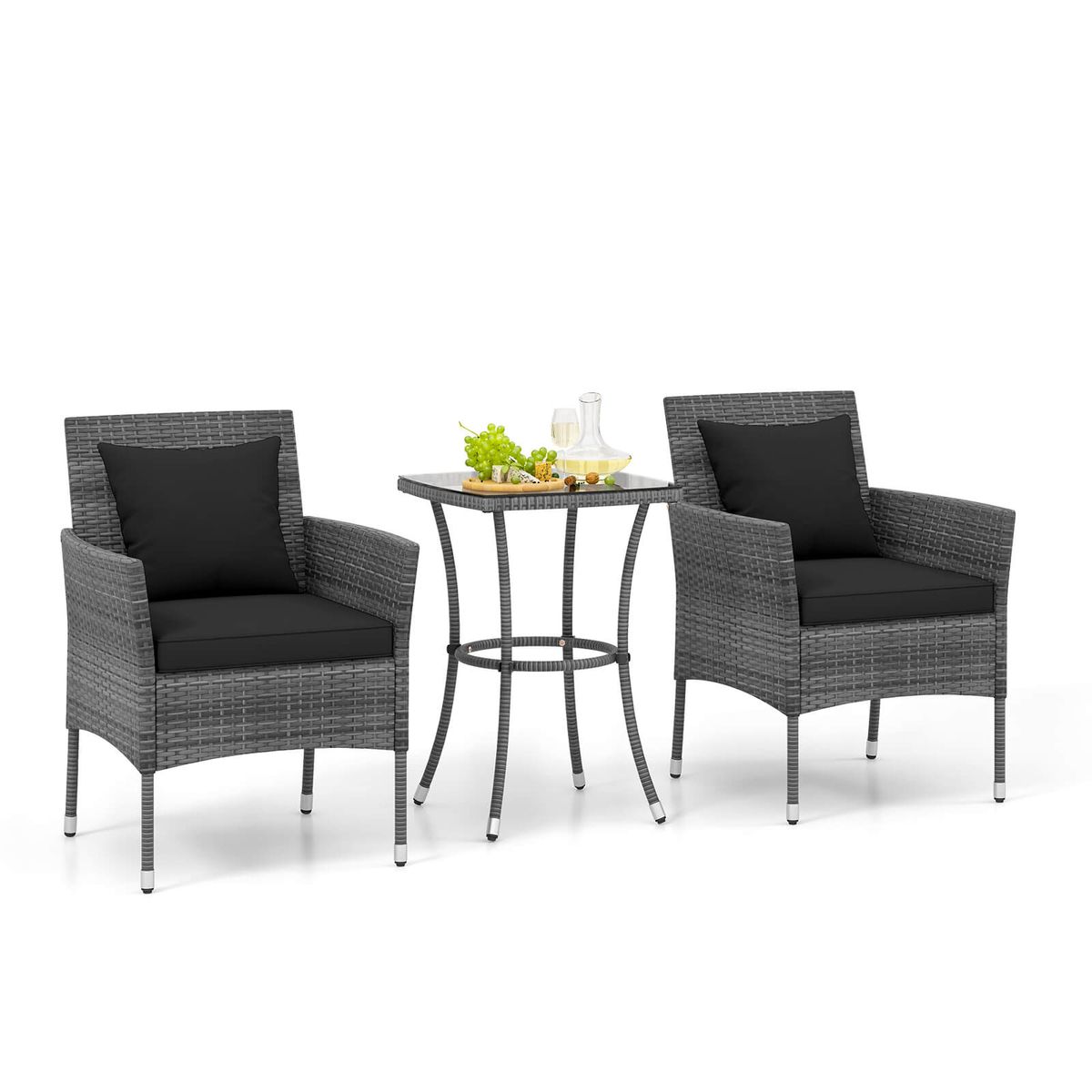 3 Pcs Patio Furniture Set witn Cushioned Patio Chairs & Tempered Glass Coffee Table - Black