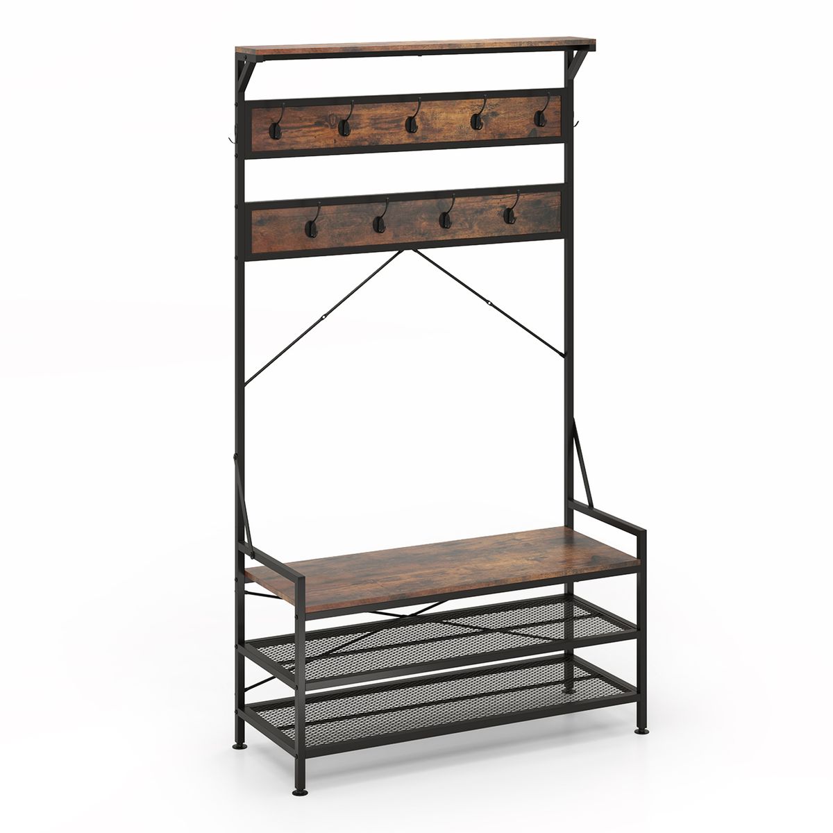 4-in-1 Coat Rack with Hooks and 2-Tier Shoe Rack - Brown