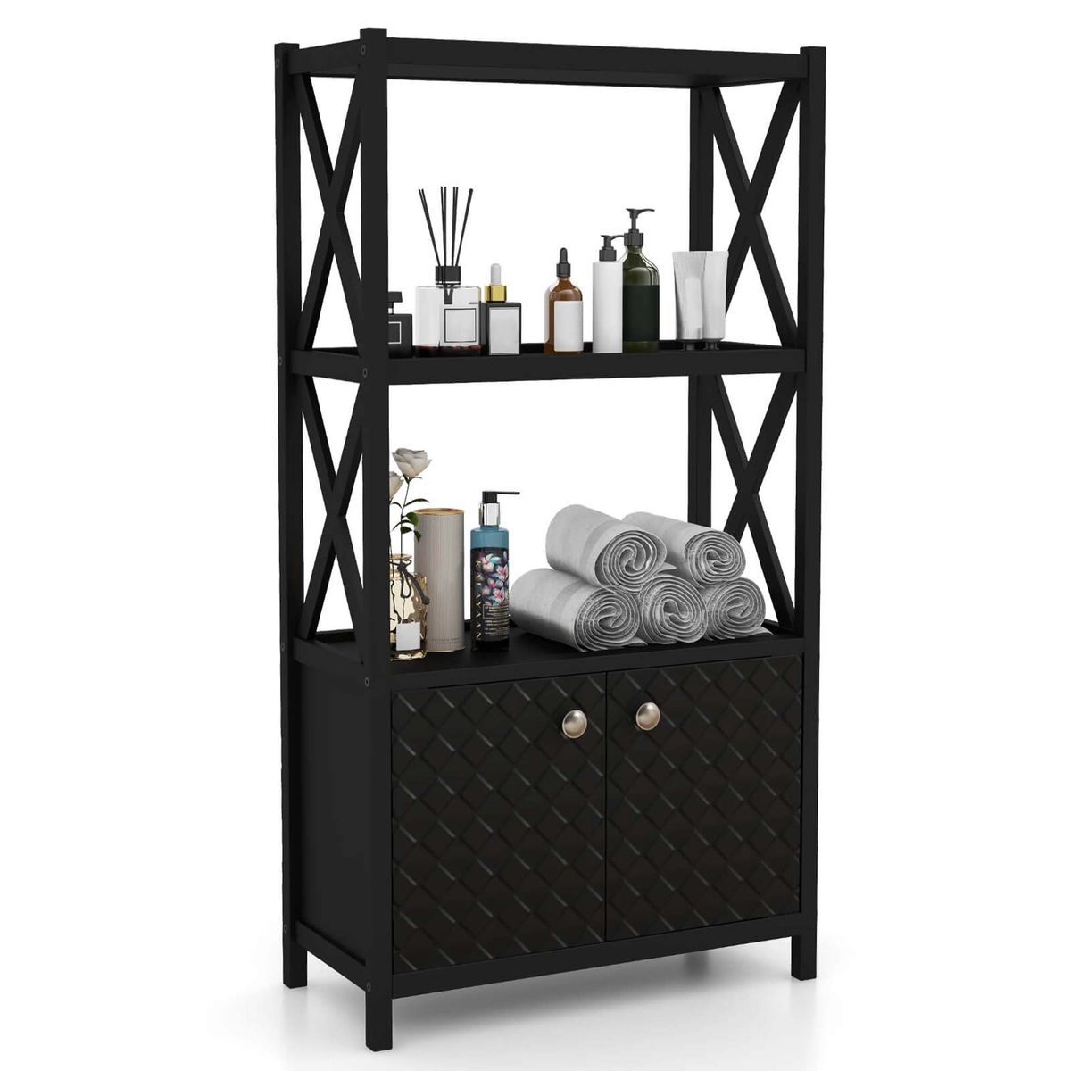 Bathroom Storage Cabinet with Open Shelves and Double Doors - Black