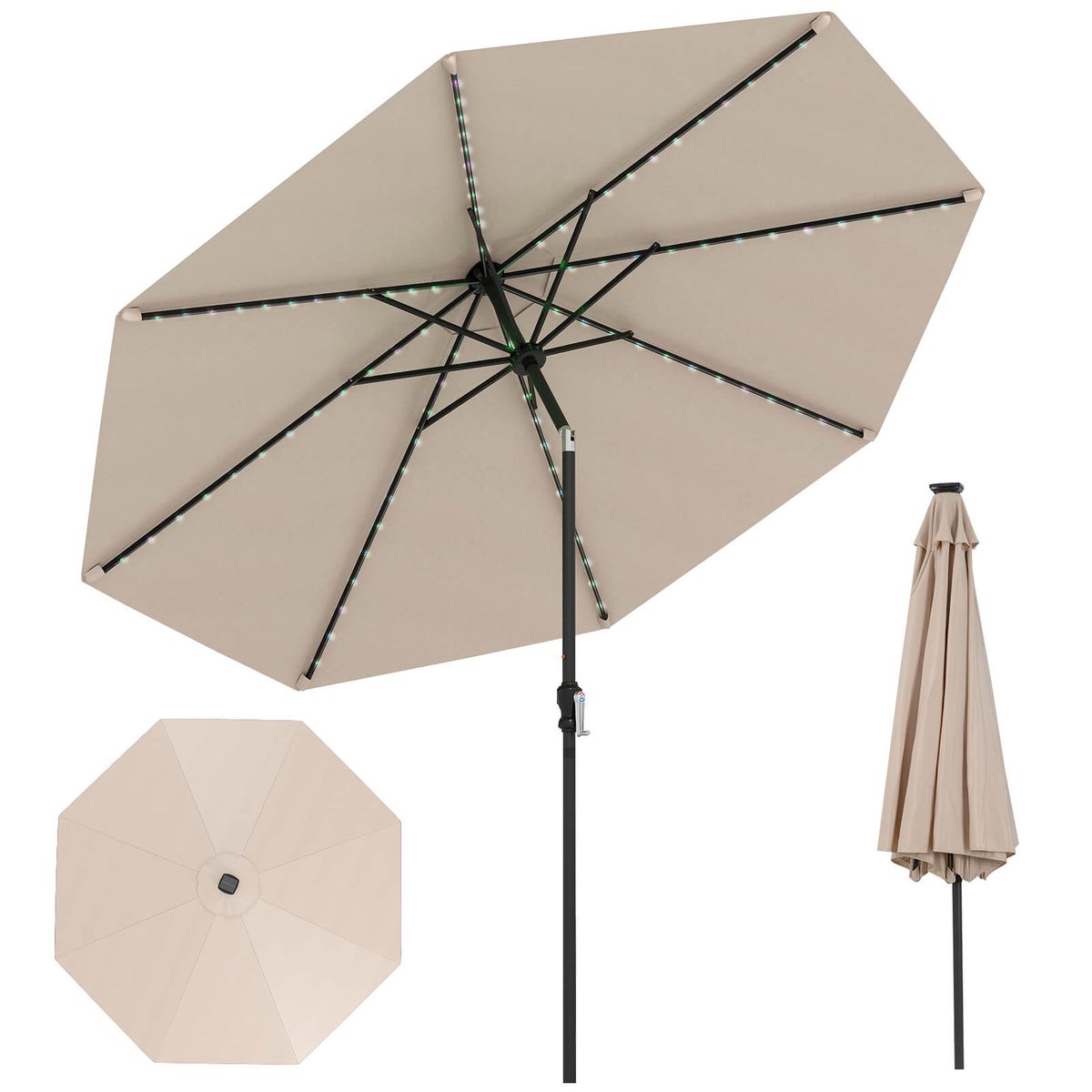10FT Solar Patio Umbrella with 96 LED Lights and 35° Tilt - Beige