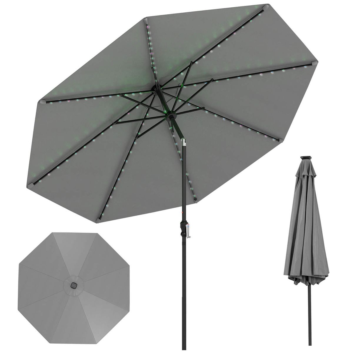 10FT Solar Patio Umbrella with 96 LED Lights and 35° Tilt - Gray